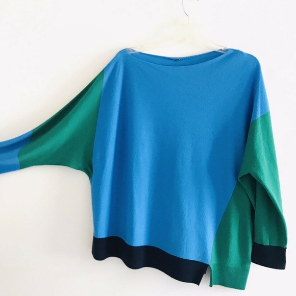 St John | Colorblock Wool Top Womens Lg Blue Long Sleeve Pullover Asymmetrical - Picture 3 of 12
